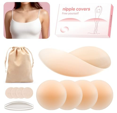 Septeamay 4 Pairs Nipple Covers for Women, Silicone Pasties Nipple Cover Invisible, Reusable Adhesive Nipple Covers, Breast Pads 8cm/3.15Inch for Backless Dress Party Beige Lightweight and Soft