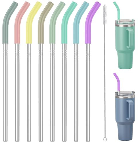 SAINT NIEVE 8-Pack Stainless Steel Straws for Stanley Adventure Quencher H1.0 H2.0 14 Inch Length, 0.35 Diameter Includes 8 Colorful Silicone Extender Tips and 2 Cleaning Brushes BPA-Free, Food Grade