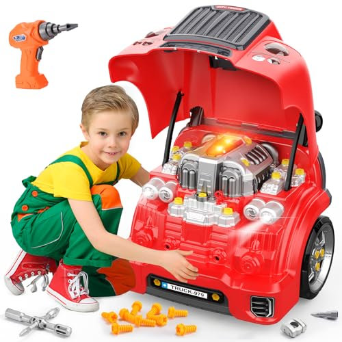 Naxudcoo Toys For 3-12 Year Old Boys Girls, Take Apart Toy Steering Wheel Toy Large Truck Engine Toy With Sound & Light, Educational Car Toys For 3-9 Year Old Kids, Gift For 3-8 Year Old Boys