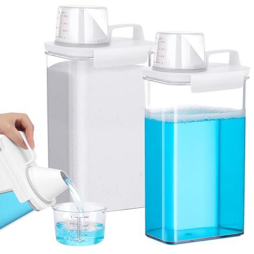 Lvefyti Lot de 2 boîtes de rangement pour lessive avec verre doseur - 2300 ml - Distributeur de lessive hermétique - Boîte de lessive polyvalente pour poudre à lessive