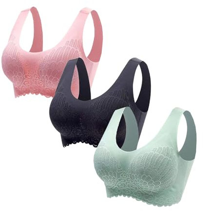 3er Pack BH Damen Ohne Bügel Push Up Seamless Komfort Sport BH Gepolstert Spitzen Bra Weich Nahtlos Stretch Bustier Mittel Halt Bügelloser Schlaf BH Klassische Top für Alltag Yoga Damen