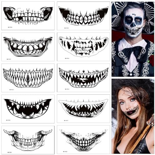 Halloween mund tattoo, 10 Halloween Mund Tattoos Aufkleber, skull face tattoo, halloween aufkleber gesicht, gesichtstattoo, für Cosplay Dekoration Halloween Party,Halloween Make up Accessoires
