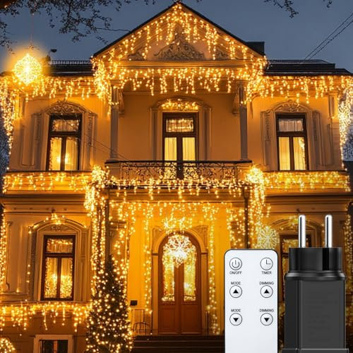 BESCOST Lichterkette Eisregen Außen, 10M 400 LEDs Lichtervorhang mit Fernbedienung und Stecker, Wasserfest 8 Modi für Außen und Innen, Outdoor Garten Balkon Hochzeit Party, Warmweiß