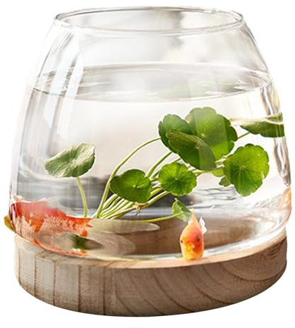 Bocal à Poissons en Verre avec Base en Bois, Transparent Petit Aquarium pour Poissons Betta Rouges, Terrarium pour P-lantes Hydroponique, Vase à Fleurs en Verre pour Décoration de Bureau Maison