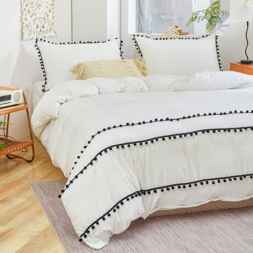 Herside Weißes Bettbezug-Set für Doppelbett, 200 x 200 cm, Boho-Bettwäsche, komplett schwarze Pompons, Fransen-Design, weiche Mikrofaser, Shabby-Chic-Bettwäsche-Sets mit 2 Kissenbezügen (Weiß,