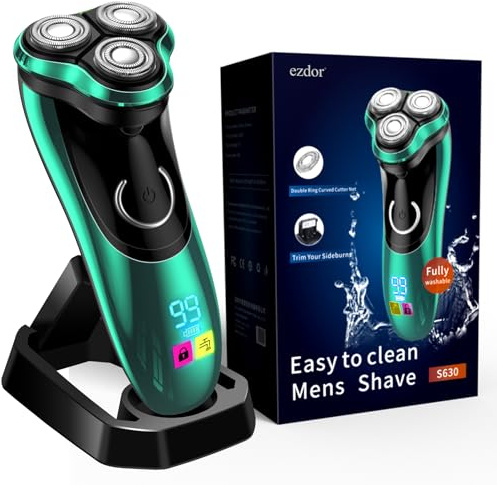 Electric Razor for Men, Rotary Shaver with Charging Stand, USB-C Rechargeable Electric Shaver, Wet & Dry IPX7 Waterproof with Pop-Up Trimmer, LED Display, Cordless Men's Shaver, Green