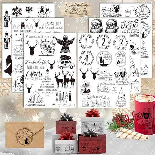 Rub On Aufkleber Weihnachten, 6 Stück A5 Rub On Sticker, Rub On Folie Transferaufkleber, Rub On Weihnachten, für Möbel, Glas, Holz, Scrapbooking, DIY Basteln Deko (Transparent)