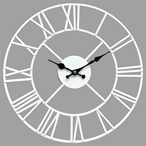 Klass Home 40cm White Indoor/Outdoor Silent Non-Ticking Large Roman Numerals Wall Clock - Suitable For Living Room & Kitchen