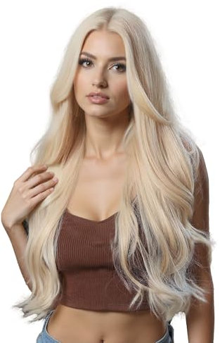 GrandSail Lange lockige hellblonde Damenperücke, modisch, Kunsthaar-Perücke, Mittelscheitel, große Wellen, geeignet für Alltag, Party, Cosplay, 26 Zoll + kostenlose Perückenkappe