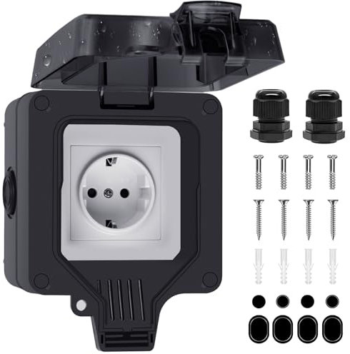 Außensteckdose Wasserdicht IP66 - Steckdose Aufputz mit Deckel Gartensteckdose Aussensteckdose Outdoor Steckdose Wetterfest für Gärten Feuchtraum Keller Garage (Schwarz, 1-fach)