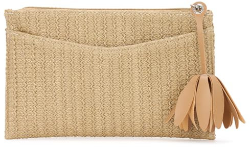 EVEOUT Clutch de Rafia con Flor Mujer Verano Boho Pequeño Cartera de Mano Paja para Playa Elegante Bolso Tejida Fiesta Bodas