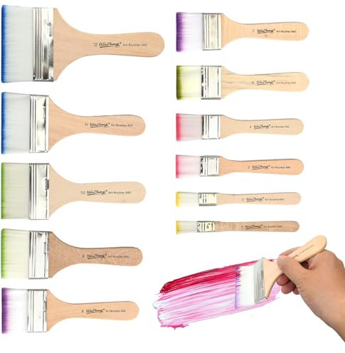 Lot de 12 Pinceaux Plats en Acrylique, Pinceaux en Nylon avec Manche en Bois, Parfaits pour la Peinture à l'huile, l'Aquarelle, Le Nettoyage du Clavier, Le Bricolage et Les Retouches de Peinture