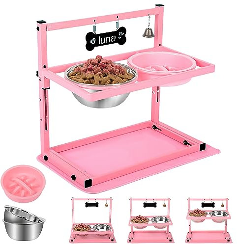 Pink Raised Dog Bowl Stand with Two 1700ml Stainless Steel Food Bowl, a Slow Dog Feeder and Spill Proof Mat, Adjustable Dog Feeder, Elevated Dog Bowls for Large Medium and Small Dogs