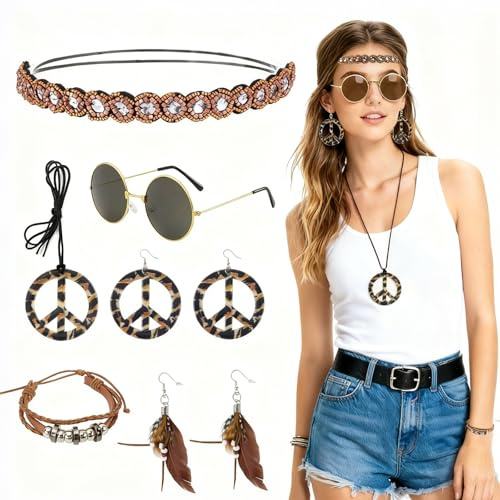 LPZMPZ Hippie 70er Jahre Schlagermove Kostümsets Women Kostüm Accessoires Faschingskostüme Damen 60er 70er 80er Jahre Boho Kleidung für Frauen Flower Power Party Kostüm Zubehör