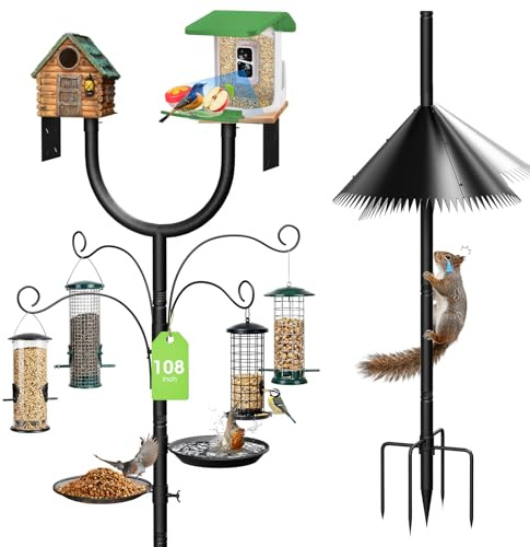 Vogelfütterungsstation Kit, Metall Vogelhausständer(Höhe einstellbar 98-250 cm) Eichhörnchenabweiser, Haken und Vogelbad Lockt Wildvögel an, Vogelfuttersäule für Garten-Dekoration (Ohne Vogelhaus)