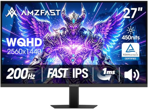 Amzfast 27 Pollici Gaming Monitor QHD 2560x1440 200Hz, Fast IPS Screen, sRGB 132%, HDR 450cd/m², Altoparlanti Integrati, 1MS MPRT, VESA 100X100, HDMI 2.0/DP 1.4 - AMZG27F5Q
