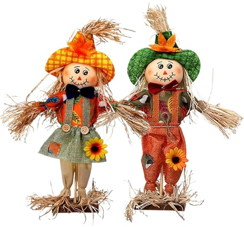 Vogelscheuche Dekorationen - 14 Zoll Gefüllte Herbst Ornamente Für -Garten, Erntefest Mit Rustikalem Charme, Herbstakzent Für Rasenparty, Stoff, 2 Stücke Zur Heimdekoration