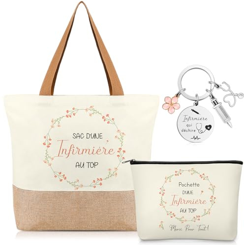 Xuniea 3 Pièces Idée Cadeaux pour Infirmière Noël Collègue Merci Adieu | Sac Fourre-Tout, Trousse de Toilette, Porte-Clés avec Stéthoscope Seringue Fleur, Cadeau pour Aide Soignante Graduation