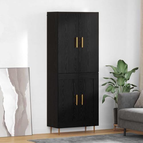 QJBSAVVA Highboard mit schwarzer Eichendekor 69,5x34x180 cm Höhschrank aus Holzwerkstoff mit 2 Türen Moderne Messinggriffe freistehendes Sideboard für Wohnzimmer Esszimmer Flur Büro
