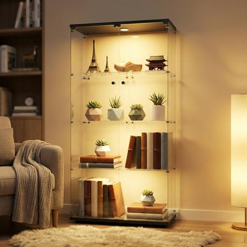 Zorvani - Vetrinetta in vetro con LED, armadio per collezioni con 2 porte e 4 ripiani, vetrinetta a piantana con serratura per oggetti da collezione, libri, vino, per ufficio, soggiorno, 164x80x36,5