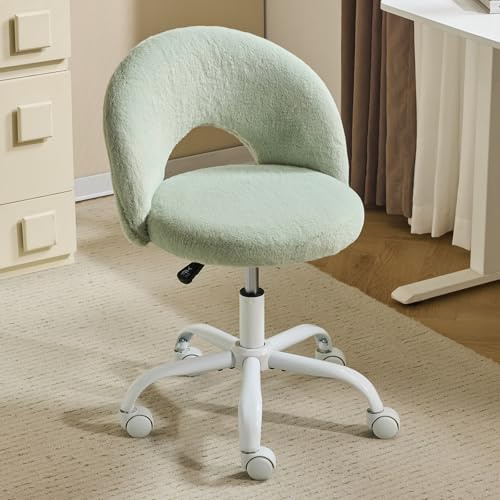 Bonnlo Homeoffice Stuhl, Schreibtischstuhl, Schminktisch Stuhl, Bürostuhl ohne Armlehnen, Drehstuhl mit Rollen, Höhenverstellbar, Homeoffice, Make up (Kunstkaninchenfell, Grün)