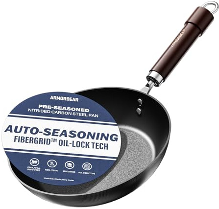 Armorbear 20cm Auto-Seasoning Nitrided Carbon Steel Pan | Pre-Seasoned, Heavy Duty, PFAS & PFOA-Free, Wooden Handle, Professional Skillet for Induction Stovetops & Eggs