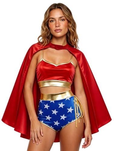 Women Superhero Costume Set with Cape Halloween Cosplay Party Outfit | Women Hero Costumes, Gold Trim Spaghetti Strap Tops Star Mini Shorts and Red Cloak Set of 3 for Halloween Cosplay Party