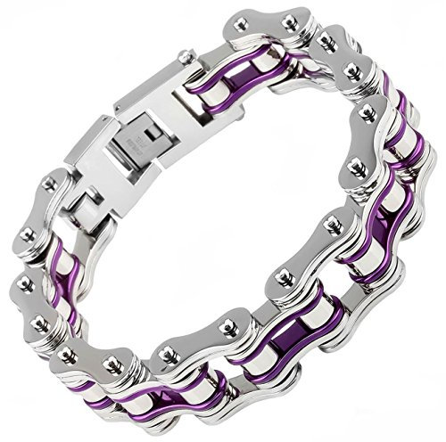 Silking Jewelry Heavy Metal Stainless Steel Men's Motorcycle Bike Chain Bracelet Purple Bangle 19mm 8.85inch, 8 5 inch, Stainless Steel