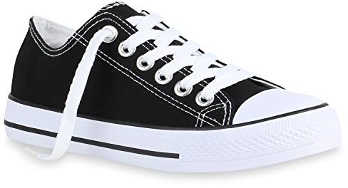 stiefelparadies Damen Schuhe Sneaker Low Basic Turnschuhe Freizeit Schnürer Stoff Schuhe 156275 Schwarz Cabanas 36 Flandell