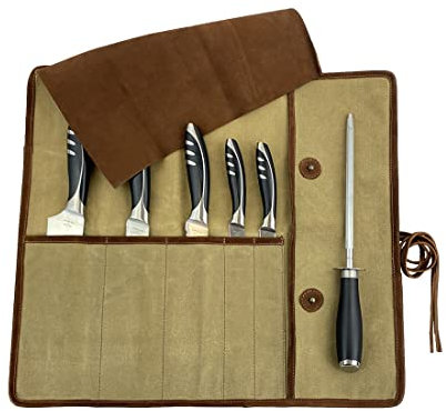 Hide & Drink, Rustic Knife Roll Case (5 pockets), Compact Carry-On Bag for Traveling Chefs & Cooks, Kitchen Tool Storage Organizer, Handmade, Waxed Canvas
