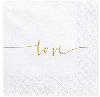 20 Servietten -love- weiß mit goldfarbener Schrift - schöner Hingucker für Jahrestag, Verlobung, Hochzeit...
