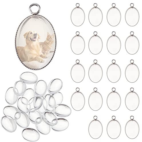 PandaHall Elite - 20pcs Pendentif en Acier Inoxydable 304 Réglages Cabochon Avec des Cabochons en Verre Transparent Pendentifs Ovales pour la Fabrication de Bijoux de Bricolage