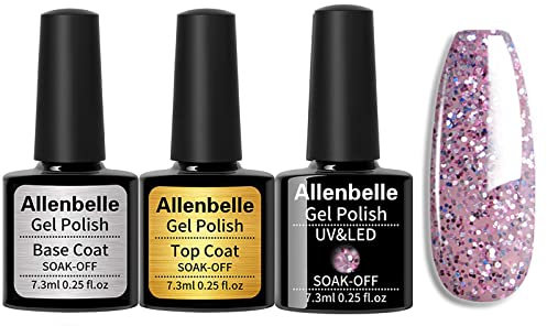 Allenbelle Gel Nail Polish Set 3PC, Base Top Coat With One Gel Polish Set, UV LED Lamp Nail Art