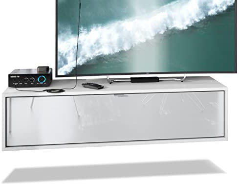 Vladon TV Board Lana 120 Hängeschrank Lowboard 120 x 29 x 37 cm, Made in Germany, Korpus in Weiß matt, Fronten in Weiß Hochglanz | Große Farbauswahl