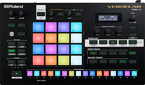Roland VERSELAB MV-1 ZEN-Core professionelles Studio für Songproduktionen für Songwriter und Sänger. 4 x 4 Pads und TR-REC Step-Sequencer für Drums, Basslines und Melodien.
