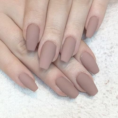 Handcess Mat Faux Ongles Nude Rose Presse Sur Les Ongles Couleur Pure Faux Ongles Ballerine Coller sur Les Ongles pour Femmes et Filles 24Pcs
