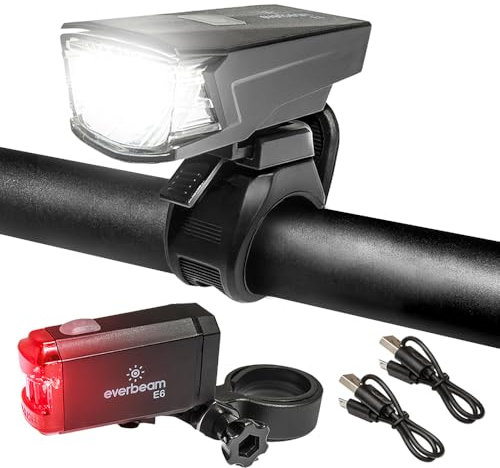 Set Fari Anteriore e Posteriore a LED Everbeam E9 per Bici. Set Luci Ricaricabili Notturne per Bici StVZO, Faro Anteriore e Faro Posteriore per Bici. Luce per Bici con Fascio Luminoso di