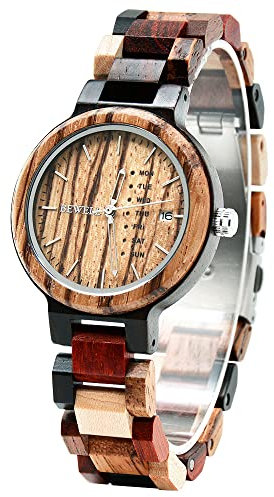 BEWELL Holzuhr Damen,Bunte Multifunktions-Woche & Datum Mix Holz Handgefertigte Quarz-Armbanduhren Leichtes Einzigartiges Geschenk