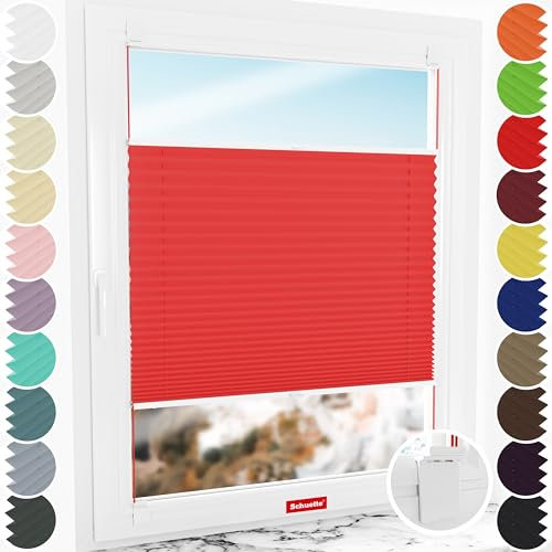 Schuette® Plissee ohne Bohren zum Kleben ● Premium Kollektion: Geisha's Lips (Rot) ● 75x200cm (Breite x Höhe) ● Suprafix Faltrollo Klebehalterung ● Bequeme Rollo Montage inkl. Video