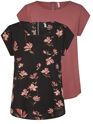ONLY Tshirt Damen Regular Fit ONLVIC 2er Pack Rundhals Kurzarm Bluse Top | Sommer Basic Muster Einfarbig Weiß Schwarz Grün Rose Blau 34 36 38 40 42 44