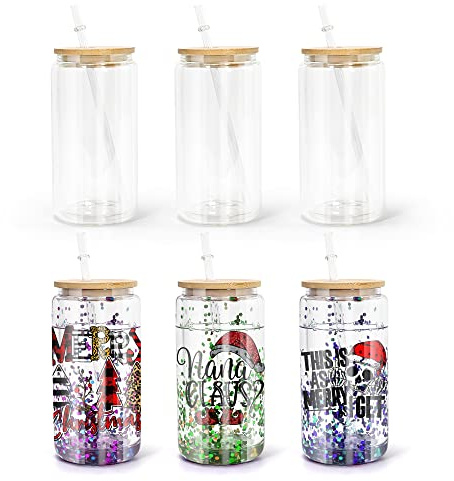 AGH Paquete de 6 vasos de globo de nieve de 16 onzas, vasos de vidrio de sublimación con tapas de bambú y popotes, tarros de cerveza Mason transparentes para bar, tazas de café helado de vidrio