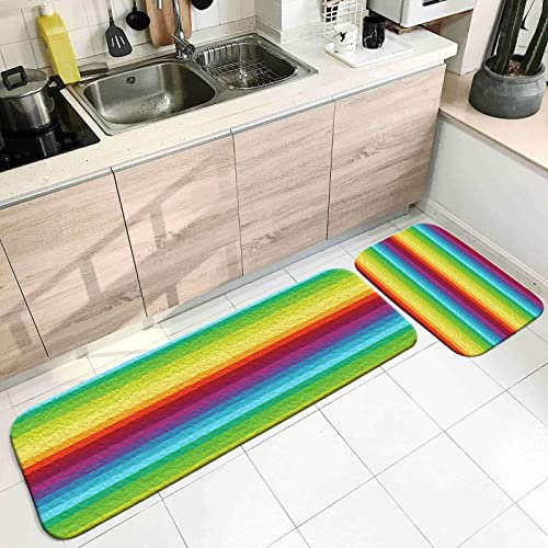 Bunter Teppich, Teppich für Die Küche Waschbar Mehrfarbig Mehrfarbige Streifen 40X60cm+40X120cm Heimtextilien