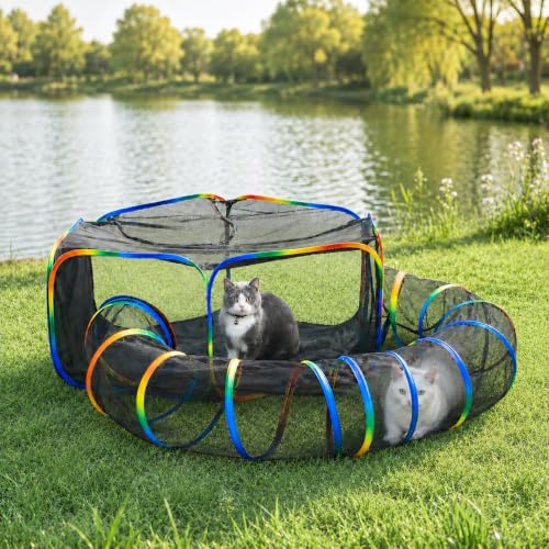 LUCKITTY Portable Cat Enclosure - 2-in-1 Outdoor Catio with Tent & Tunnel, Foldable Playpen for Indoor Cats, Includes Storage Bag for Cats & Small Animals Rainbow Color