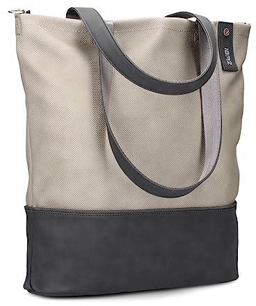 Zwei Damen Shopper JANA J145 Tote Bag 10 Liter, Bicolor Einkaufstasche im Canvas-Stil, weiches Kunstleder, Laptopfach, Schlüsselband, Reißverschluss-Fach, zusätzlicher langer Umhängegurt (velours-ash)