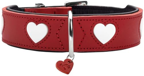 HUNTER Hundehalsband Love, Farbe: rot/schwarz, weiches, Robustes Rindsleder, einzeln eingenähte Herzen, handgefertigt, hoher, besonders anschmiegsam, Made in Germany, Größe 50