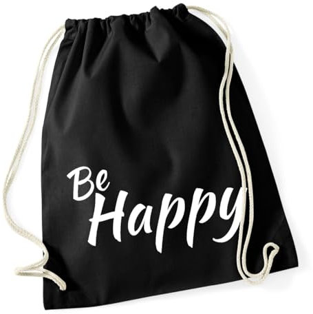 Huuraa Turnbeutel Be Happy Schriftzug Geschenk 12 Liter Black Baumwolle Be Happy Präsent