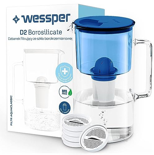 Wessper Kit Carafe Filtrante pour Eau Verre 3L avec 1 Filtre à Eau AquaClassic - Remplacement pour cartouche filtrante Aquaphor Standard Brita Classic Dafi Classic & 5 Filtres à Eau ActiveDisc, Bleu