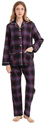 kolipajam Ensemble de pyjama en flanelle 100 % coton teint en fil - Pyjama confortable à manches longues pour l'hiver, carreaux violets et noirs, L