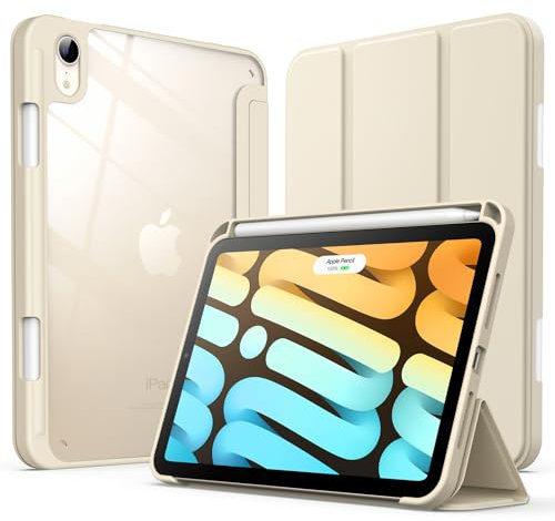 JETech Funda para iPad Mini (A17 Pro, Modelo 2024, 7.ª Gen) / Mini 6 (Modelo 2021, 6.ª Gen) con Portalápiz, Clara Carcasa Trasera Slim Soporte Antigolpes Cover Tableta (Blanco Estrella)