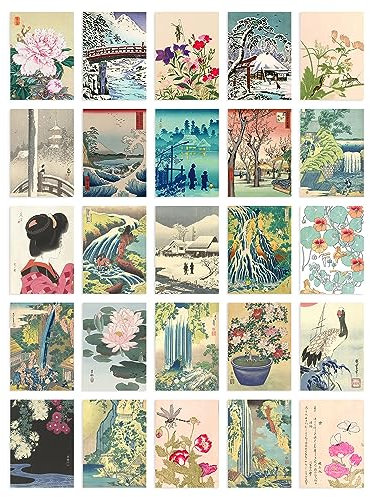Artery8 50 Pcs Japanese Aesthetic Collage Kit Ukiyo-e Woodblock Wall Art Prints A6 Set Pack 14.8 x 10.5 cm (5.8 x 4.1) Room Decor Poster Collection